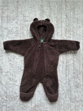 LL Bean Fleece Bunting One Piece Infant Baby 3-6 Months Zip Brown Teddy Bear